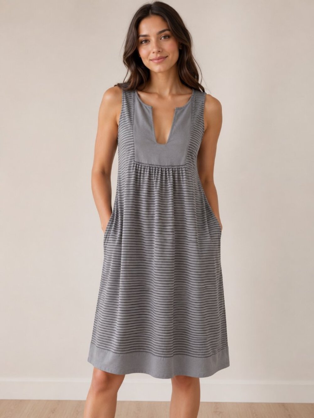 J.Crew Factory Gray Stripe Cotton Sleeveless Notch Neck Pocket Dress Small